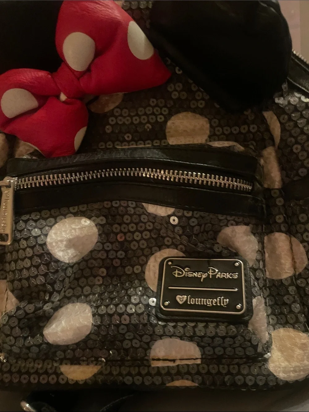 Loungefly Minnie Mouse Sequin Polka Dot Mini Backpack in Black, Red, White